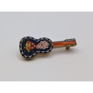 Vintage Micro Mosaic Millefiori Gold Tone Mandolin Pin Brooch Blue Red